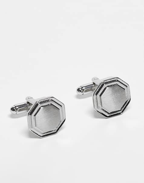 ASOS DESIGN - Sølvfarvede sekskantede manchetknapper med børstet top - view 1