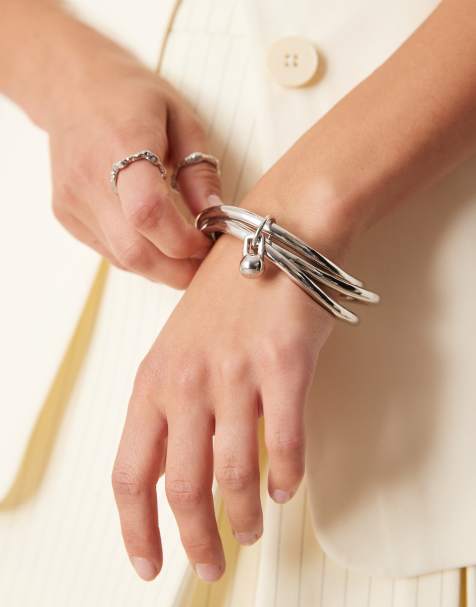 ASOS DESIGN - Sølvfarvet armring med flere rækker og sfærisk detalje - view 1