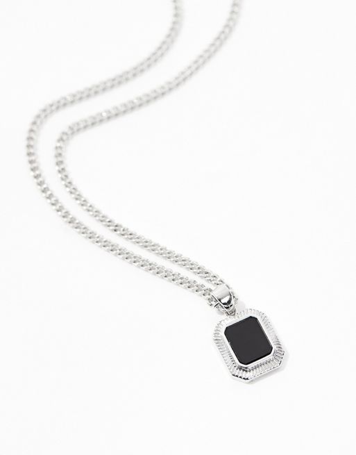 FhyzicsShops DESIGN - Sølvfarvet halskæde med firkantet vedhæng med sort sten