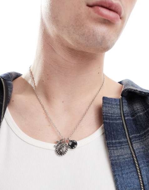 ASOS DESIGN - Sølvfarvet halskæde med halvædelsten-vedhæng og St. Christopher-vedhæng - view 1