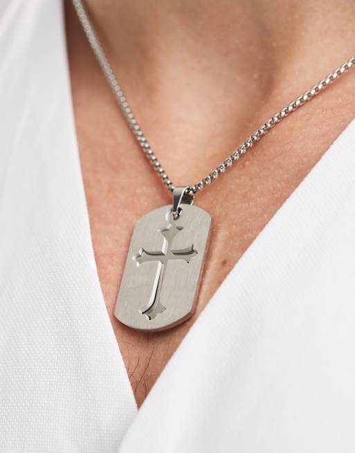 ASOS DESIGN - Sølvfarvet halskæde med korsvedhæng i børstet metal i vandfast, rustfrit stål