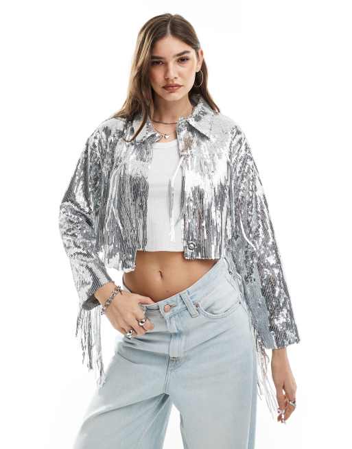 ASOS DESIGN - Sølvfarvet jakke med pailletter og frynser
