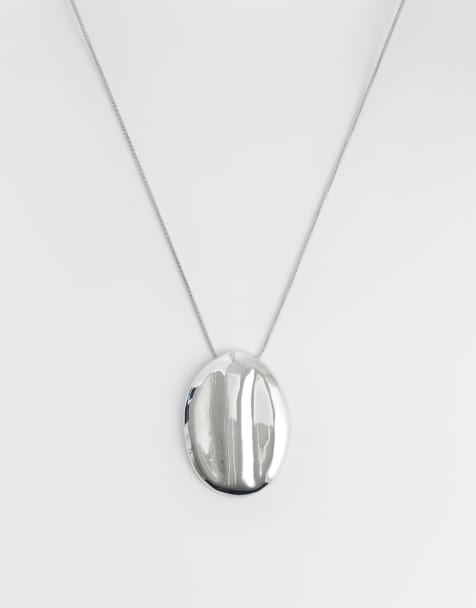 ASOS DESIGN - Sølvfarvet lang halskæde med slangekæde og stort ovalt vedhæng - view 1