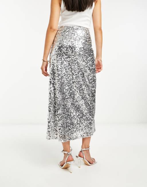 ASOS DESIGN - Sølvfarvet midinederdel med pailletter og asymmetrisk snit, 2 af 4
