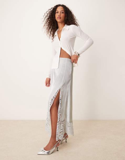 ASOS DESIGN - Sølvfarvet midinederdel med tørklædekant i satin og blondestof - view 1