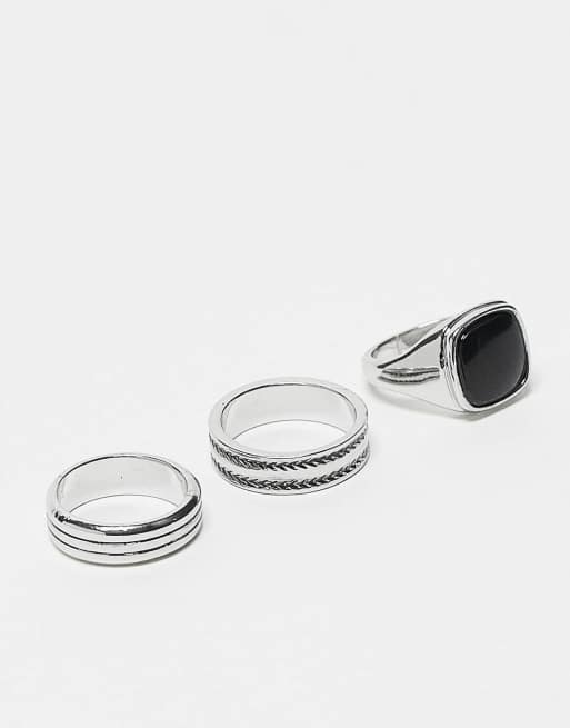 ASOS DESIGN - Sølvfarvet ringsæt med 3 ringe med tryk og sort akryl