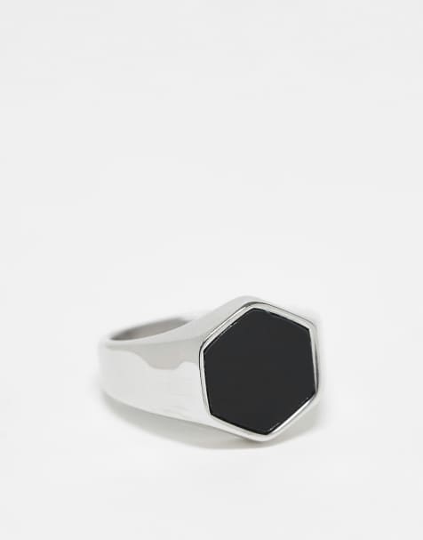 ASOS DESIGN - Sølvfarvet sekskantet signetring med sort sten i vandfast, rustfrit stål - view 1