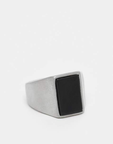 ASOS DESIGN - Sølvfarvet signetring i vandtæt rustfrit stål med sort agat-sten og børstet finish - view 1