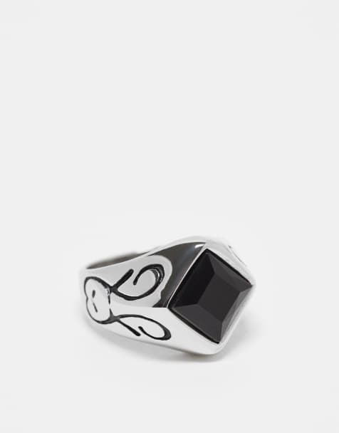 ASOS DESIGN - Sølvfarvet signetring med geometrisk, sort smykkesten i vandfast, rustfrit stål - view 1