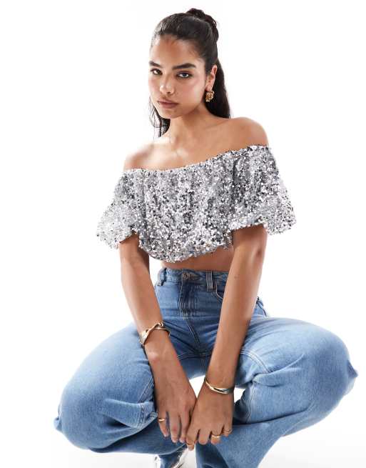 ASOS DESIGN - Sølvfarvet top med boblekant og pailletter