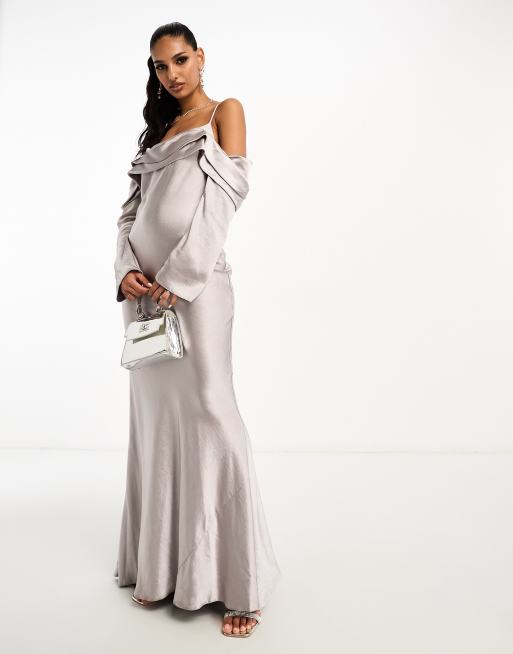 ASOS DESIGN - Sølvgrå offshoulder-maxikjole med cami-stropper i satin, 3 af 4
