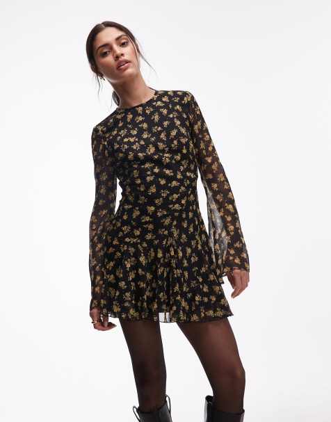 ASOS DESIGN – Småblommig miniklänning med långa ärmar och volangkjol - view 1