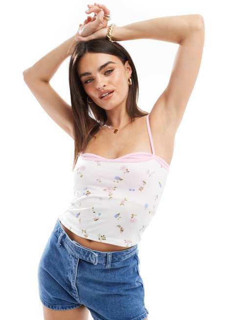 ASOS DESIGN – Småblommigt linne med kontrastfärgad byst