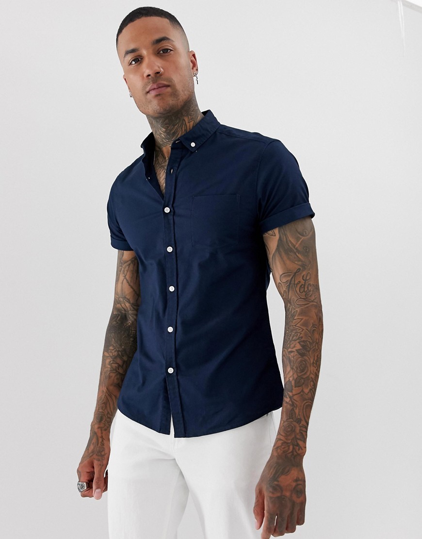 ASOS DESIGN - Smal casual oxford overhemd met stretch in marineblauw