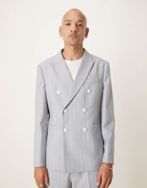 ASOS DESIGN - Smal colbert met linnenlook in blauwe krijtstreep
