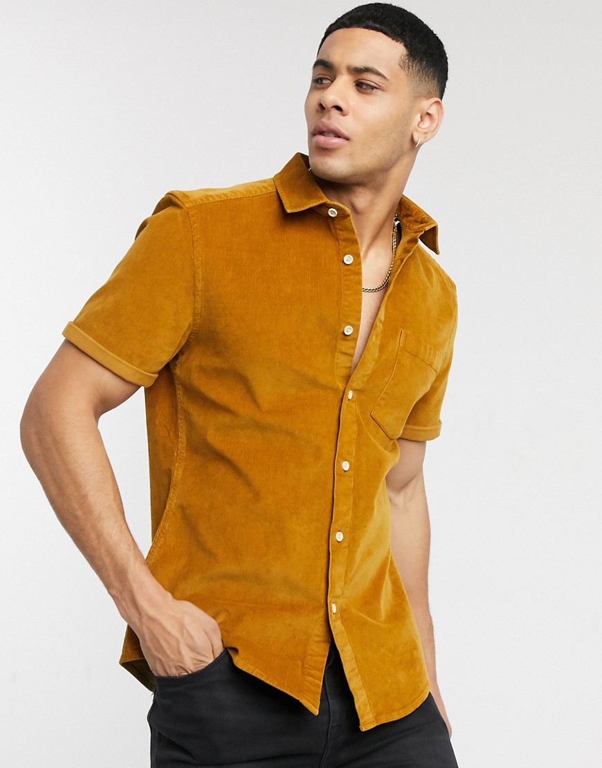 ASOS DESIGN - Smal corduroy overhemd met stretch en korte mouwen in mosterdgroen-Geel