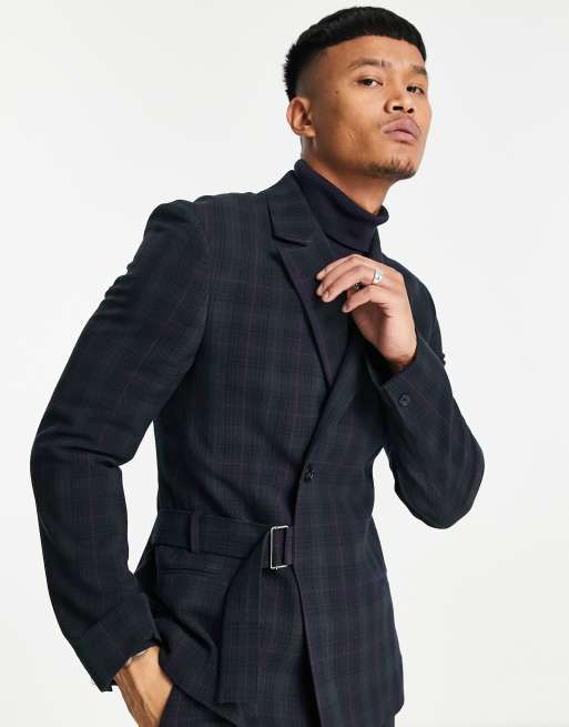ASOS DESIGN - Smal crop jack met bandje en Schotse ruit in groen en zwart