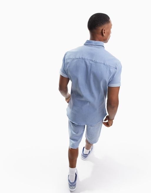 ASOS DESIGN - Smal denim overhemd met stretch en korte mouwen in blauw met lichte wassing, 3 van 4