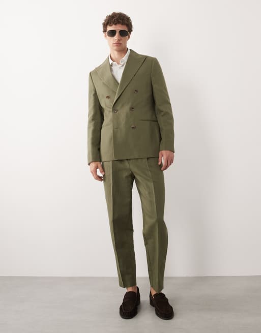 ASOS DESIGN - Smal double breasted colbert van linnenmix in donker olijfgroen, 2 van 9