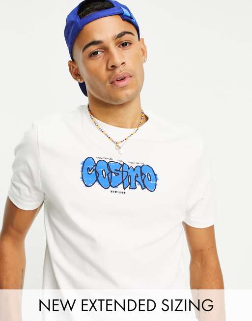 ASOS DESIGN - Smal gekrompen T-shirt in wit met graffitiprint
