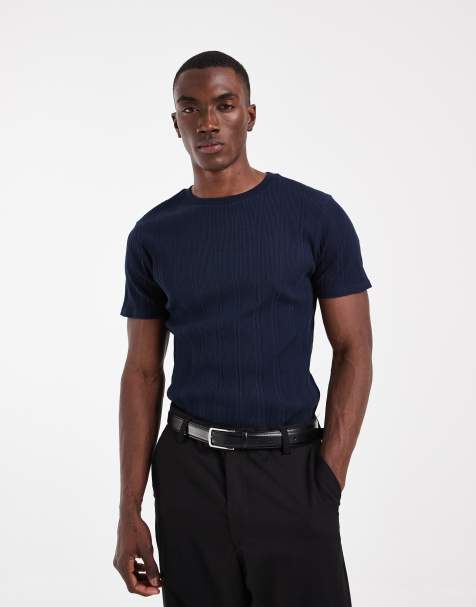 ASOS DESIGN - Smal geribbeld T-shirt in marineblauw - view 1