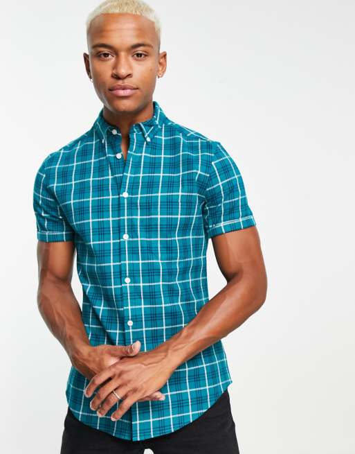 ASOS DESIGN - Smal geruit overhemd met stretch in groenblauw