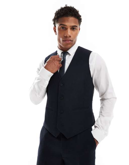 ASOS DESIGN - Smal gilet van wolmix in marineblauwe keperstof