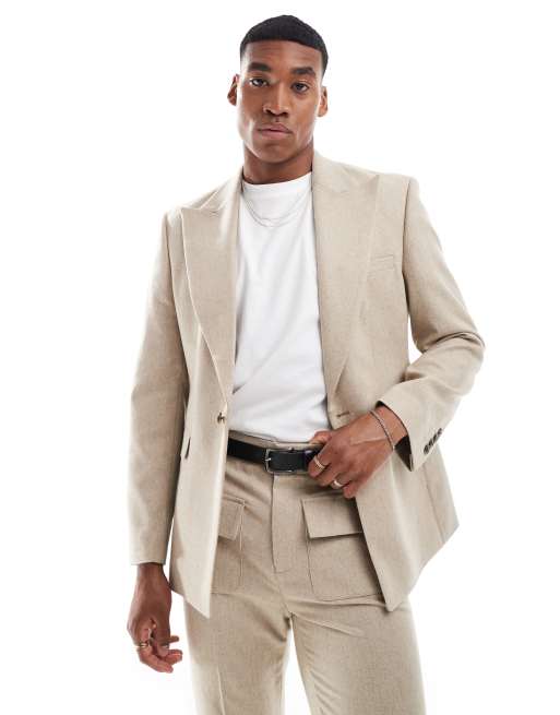 ASOS DESIGN - Smal habitjakke og reverskrave og uld i beige i 70'er-stil