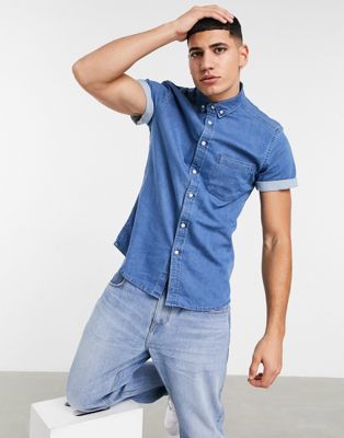 ASOS DESIGN - Smal overhemd met korte mouwen van biologisch stretchdenim met lichte wassing-Blauw