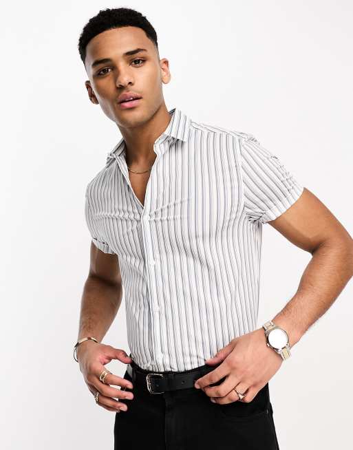 ASOS DESIGN - Smal overhemd met strepen en omgeslagen mouwen in grijs en wit