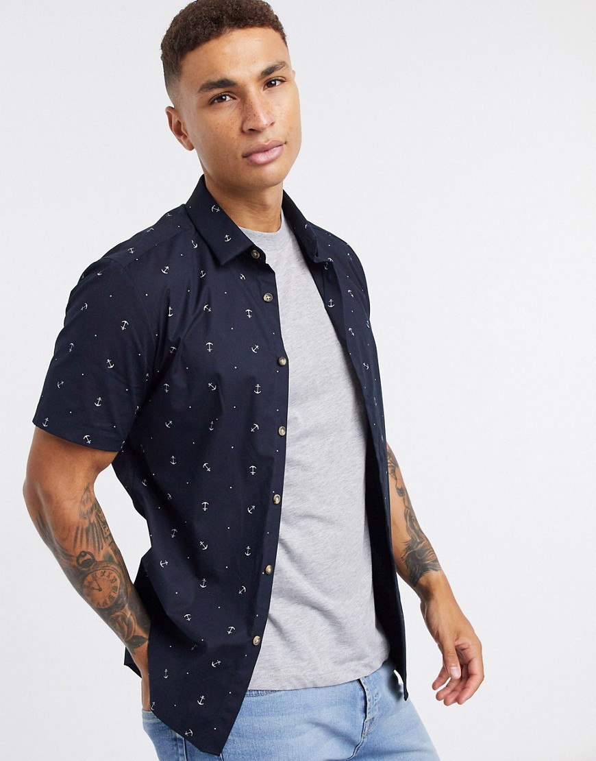 ASOS DESIGN - Smal overhemd met stretch en ankerprint in marineblauw