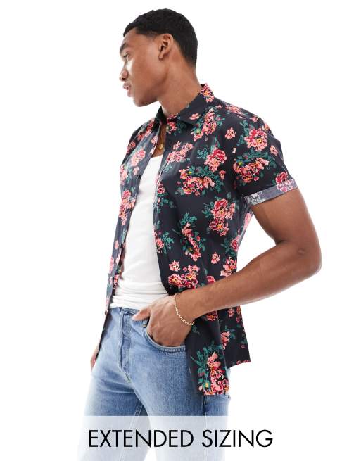 ASOS DESIGN - Smal overhemd met stretch in zwart met bloemenprint