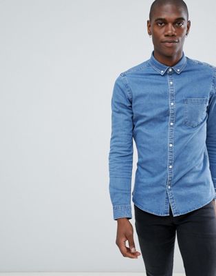 ASOS DESIGN - Smal overhemd van stretchdenim in mid wash-Blauw