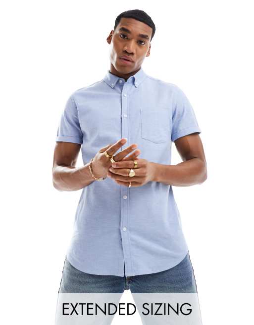 ASOS DESIGN - Smal oxford overhemd met korte mouwen in blauw