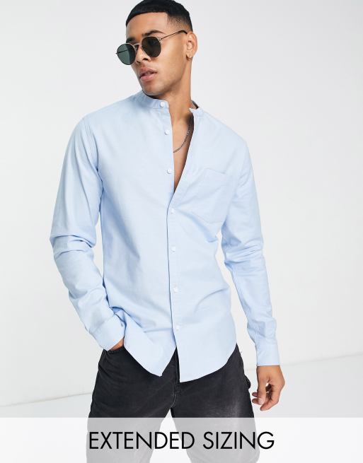 ASOS DESIGN - Smal oxford overhemd zonder kraag in lichtblauw geverfd garen