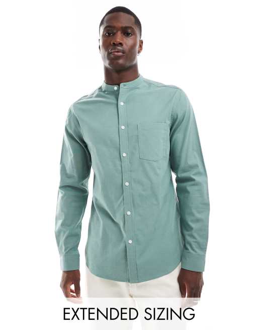 ASOS DESIGN - Smal Oxford overhemd zonder kraag in saliegroen