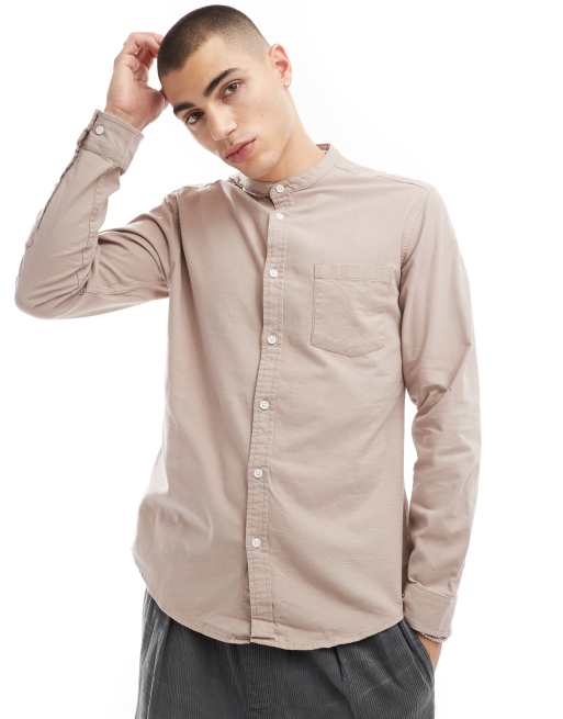 ASOS DESIGN - Smal Oxford overhemd zonder kraag in stone