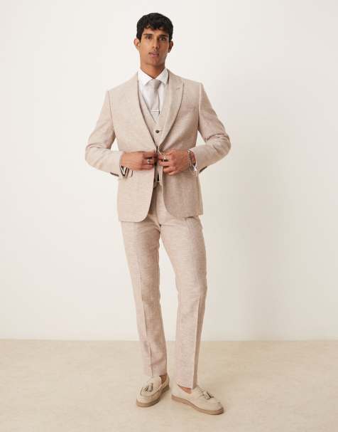 ASOS DESIGN - Smal pak van een linnen-katoenmix in bruine visgraat - view 1