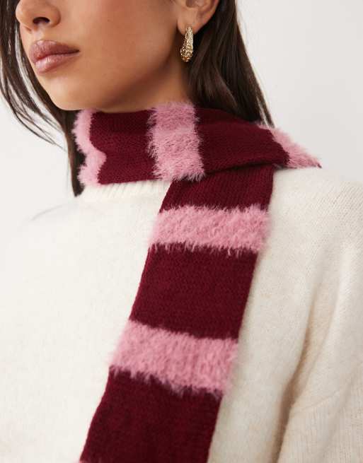 ASOS DESIGN smal platt scarf i rosa och burgundy-randig, 2 av 3