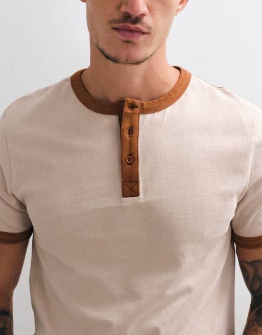 ASOS DESIGN smal ringer henley-t-shirt i tvättad beige, 3 av 5