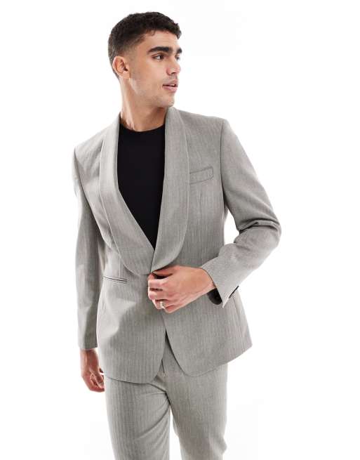 ASOS DESIGN - Smal sjaal-colbert van linnenmix met visgraatmotief in grijs