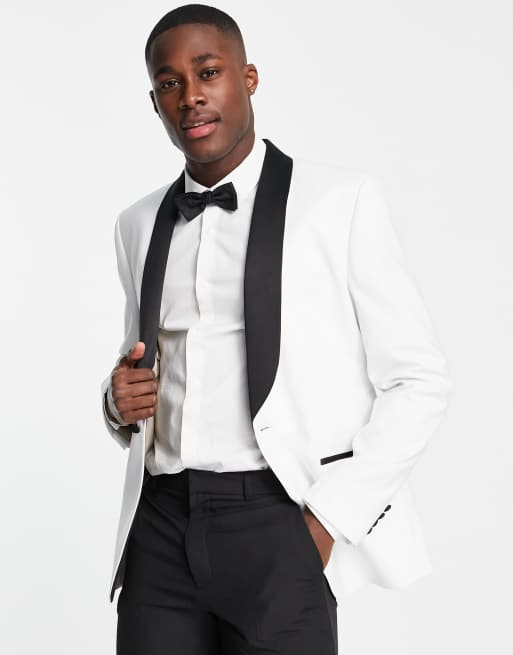 ASOS DESIGN - Smal smokingjack in wit met zwarte sjaalrevers