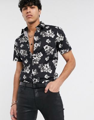 ASOS DESIGN - Smal stretch overhemd met bloemenprint in zwart