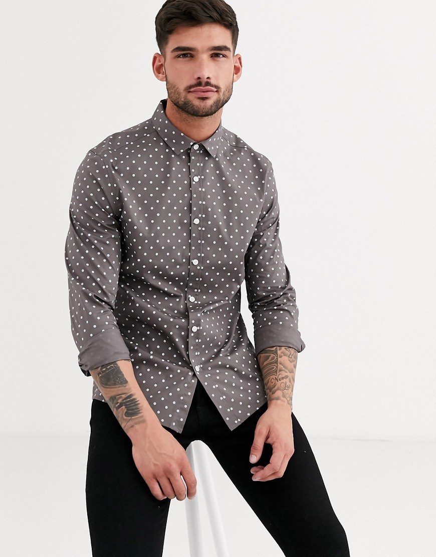 ASOS DESIGN - Smal stretch overhemd met stippen in grijs