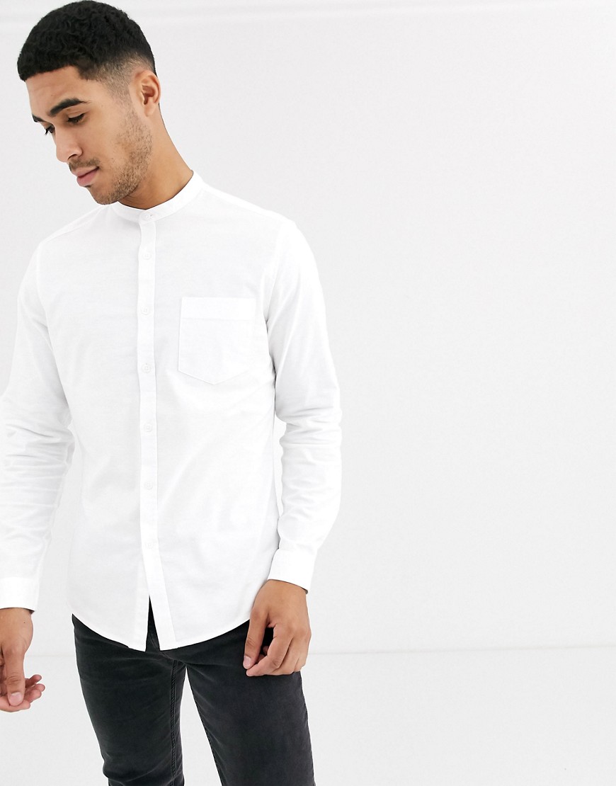 ASOS DESIGN - Smal stretch oxford overhemd zonder kraag in wit