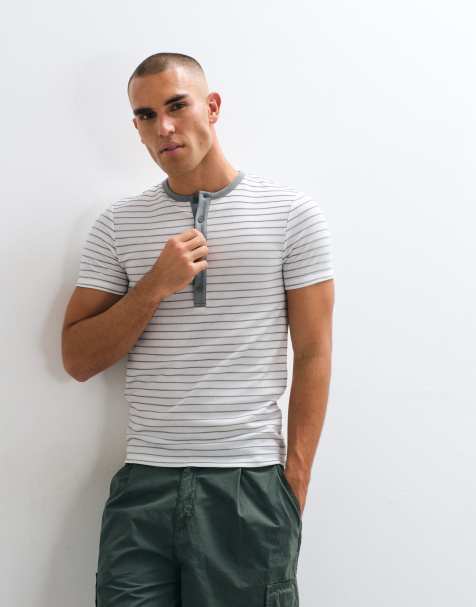ASOS DESIGN smal t-shirt med henley i vit och grå rand - view 1
