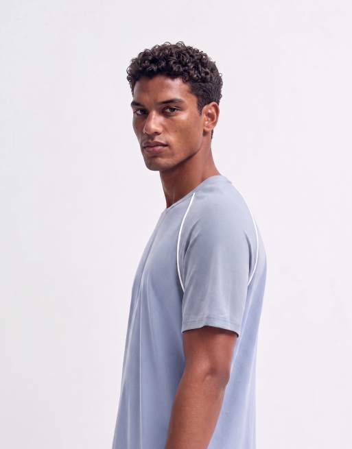 ASOS DESIGN smal t-shirt med raglanärmar i blått med vit kontrasterande passpoal, 10 av 10