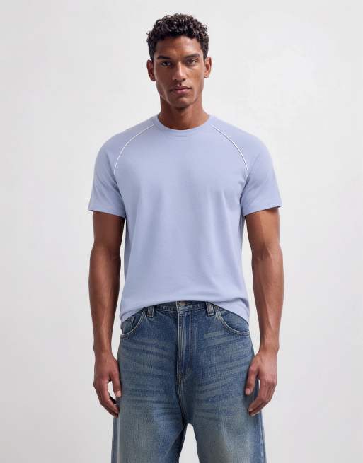 ASOS DESIGN smal t-shirt med raglanärmar i blått med vit kontrasterande passpoal, 6 av 10
