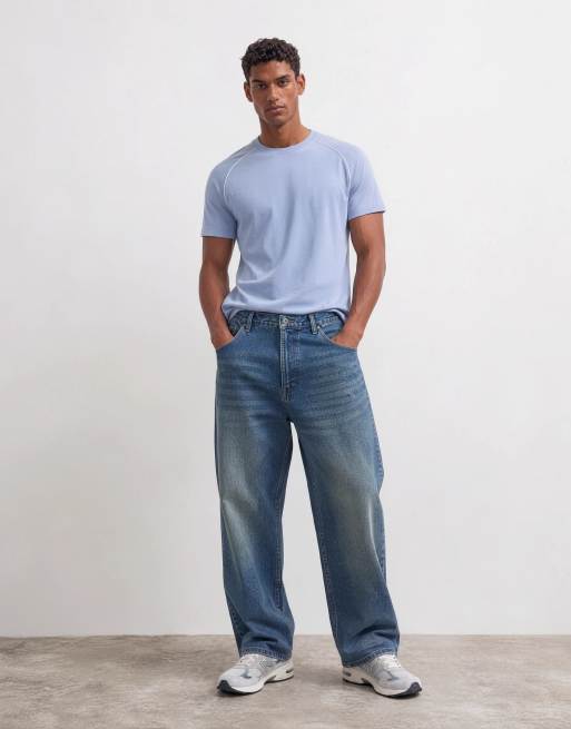ASOS DESIGN smal t-shirt med raglanärmar i blått med vit kontrasterande passpoal, 7 av 10