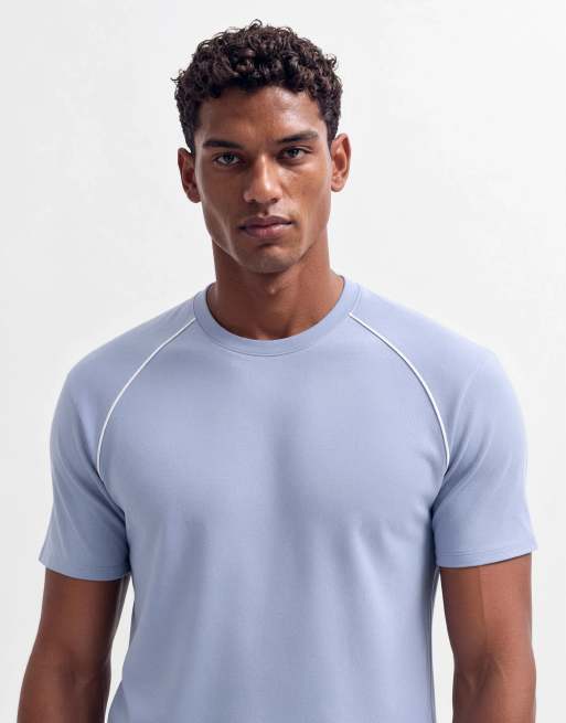 ASOS DESIGN smal t-shirt med raglanärmar i blått med vit kontrasterande passpoal, 9 av 10
